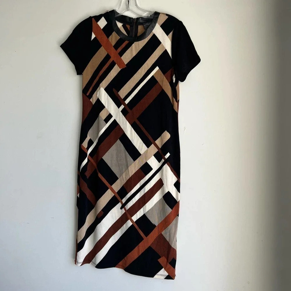 Chico’s Travelers Size S Brown Faux Leather Trim Short Sleeve Dress NEW!
